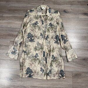 Neiman Marcus Women's Long Blouse/Mini Dress Floral 100% Silk Chiffon L‎ Beige